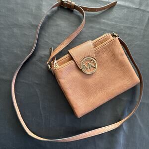 Michael Kors Leather Crossbody Bag Tan Brown Gold MK Logo Adjustable Strap - 850